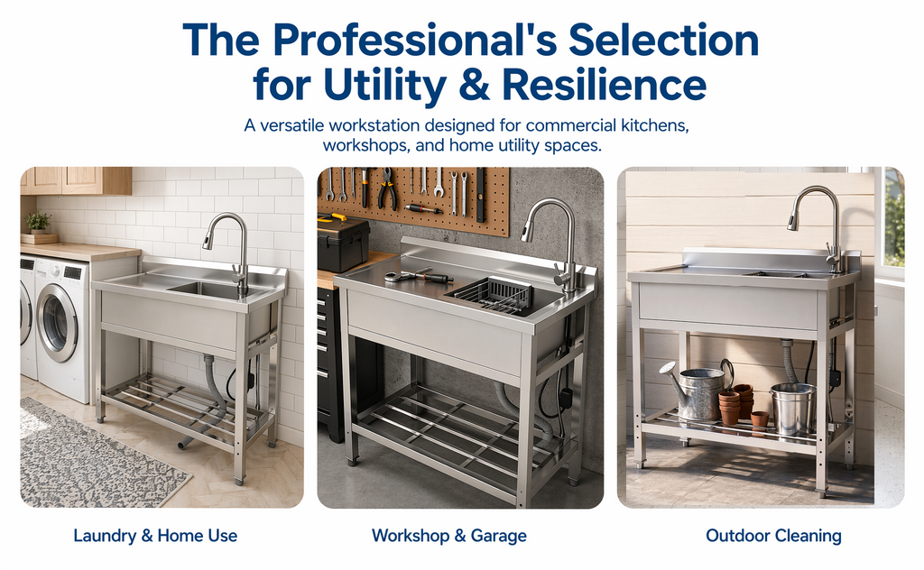 Stainless Steel Utility Sink with Large Compartment & Pull-Out Faucet - Silver
