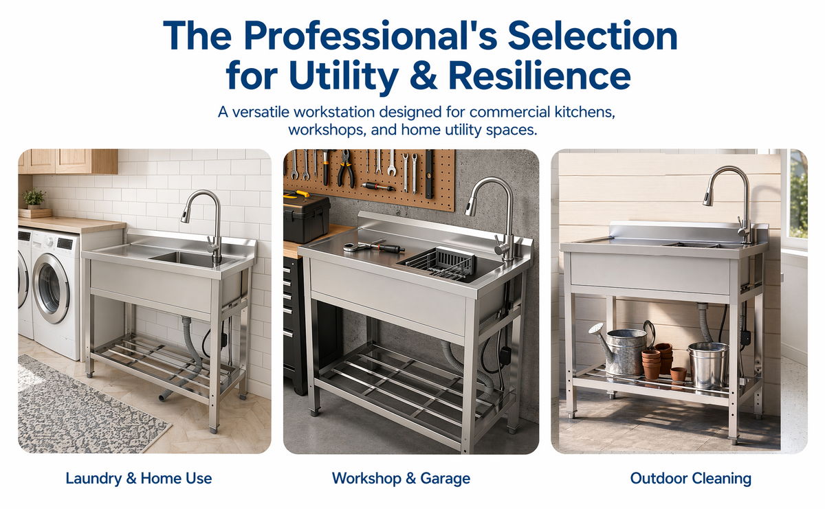 Stainless Steel Utility Sink with Large Compartment & Pull-Out Faucet - Silver