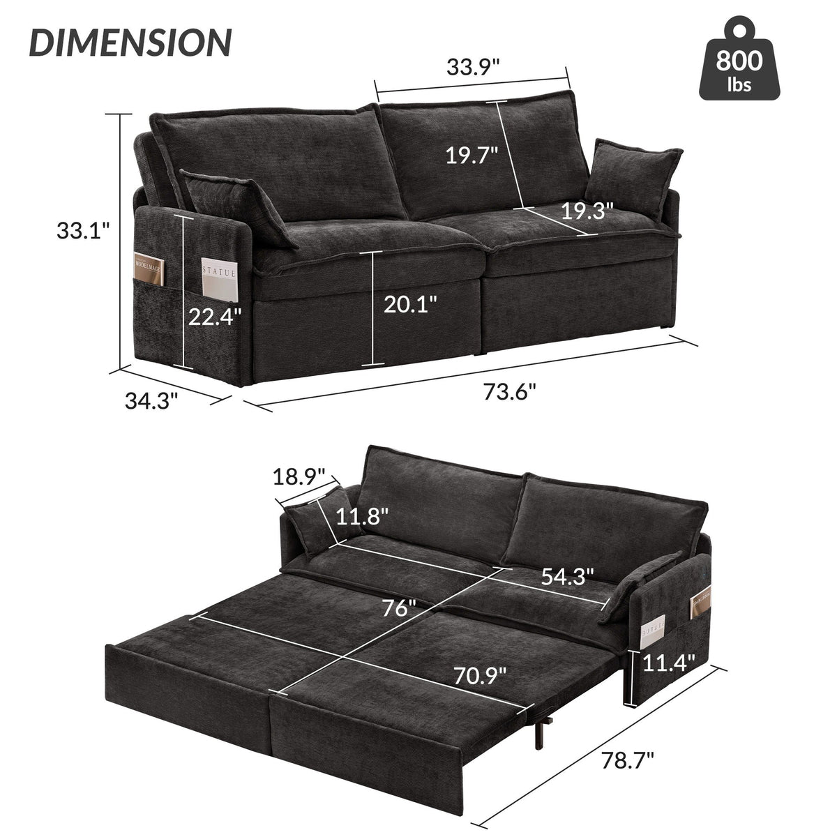 Convertible Sleeper Sofa Bed with Storage and USB/C Charging - Fabric
