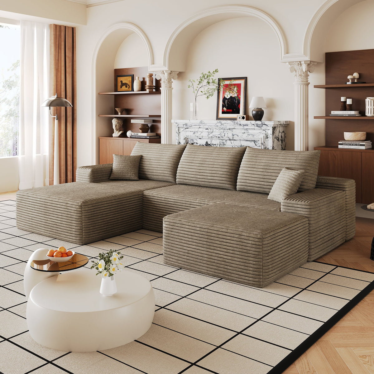 107" Cloud Sectional Sofa with Ottoman - Plush Corduroy, Modern Minimalist Design
