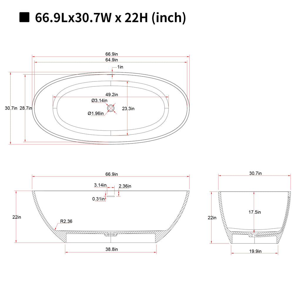 67" Freestanding Bathtub with Pop-up Drain