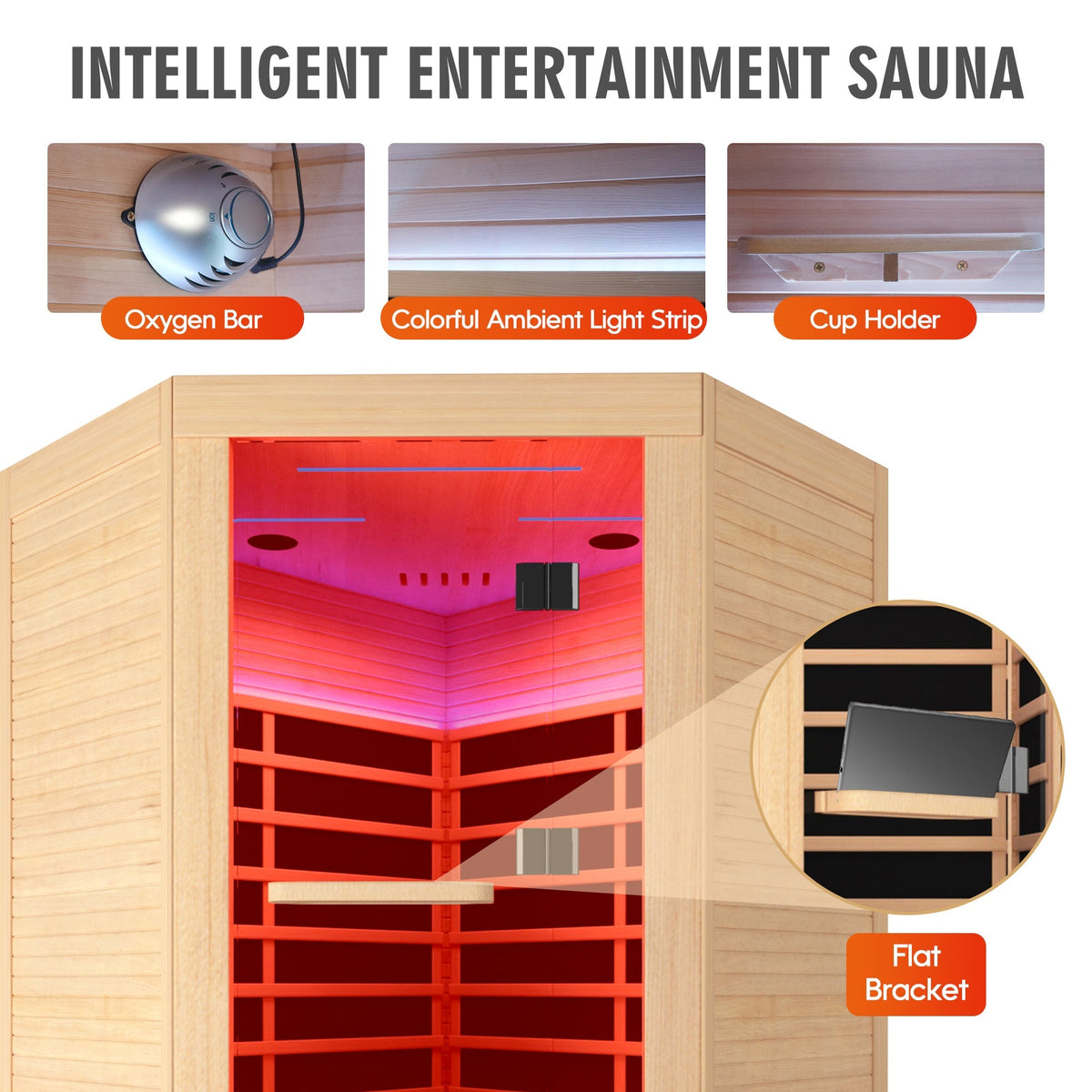 Canadian Hemlock Double Sauna with Bluetooth & LED Lights - Natural/Graphite
