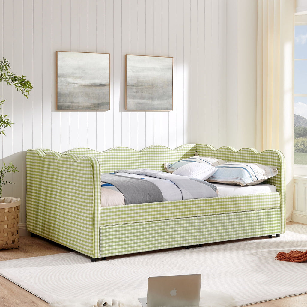 Gingham Daybed with USB Charging Port and Wave-Shaped Design - Multiple Colors