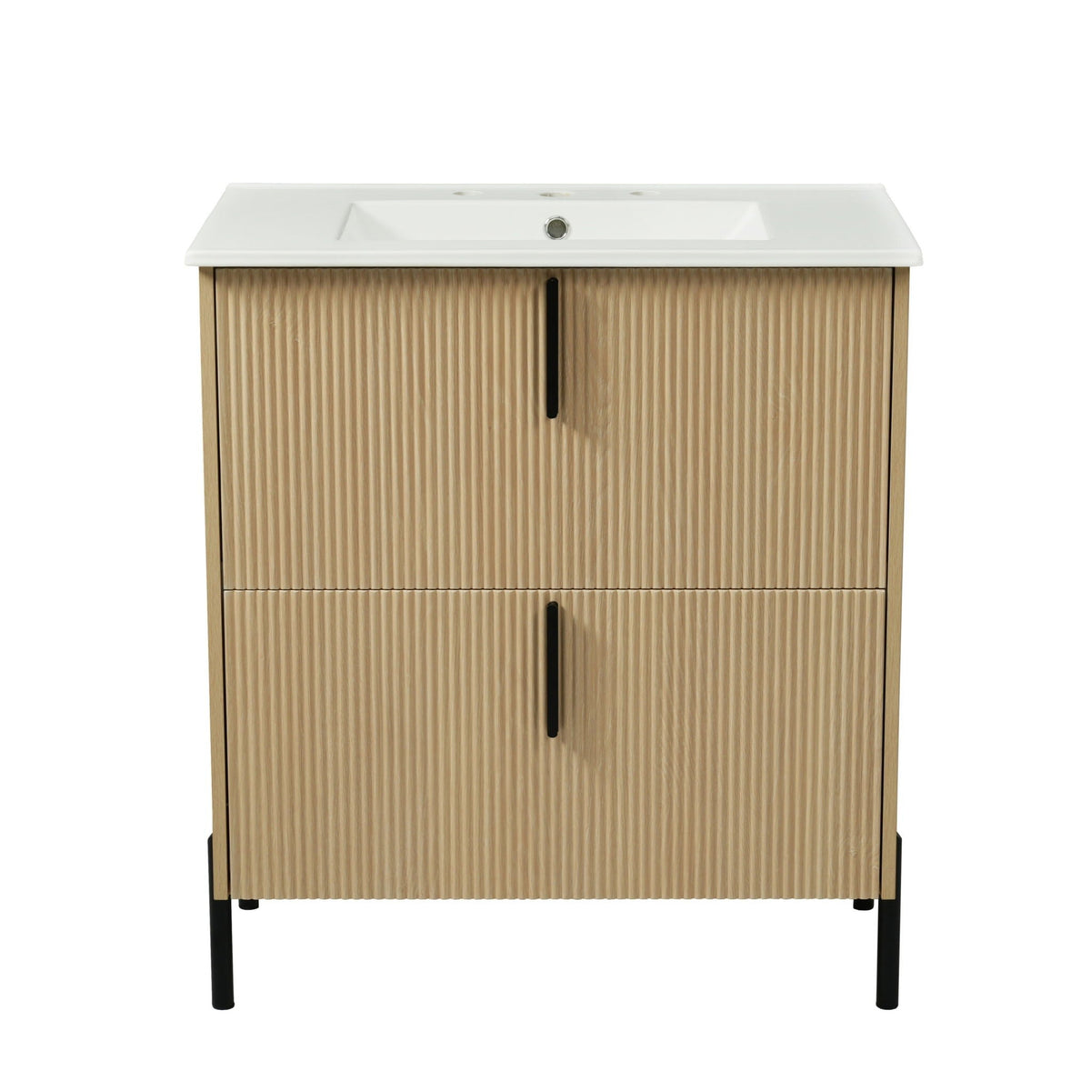 Bathroom Vanity With Ceramic Sink and Fluted Design - Dark Green, White, Light Brown