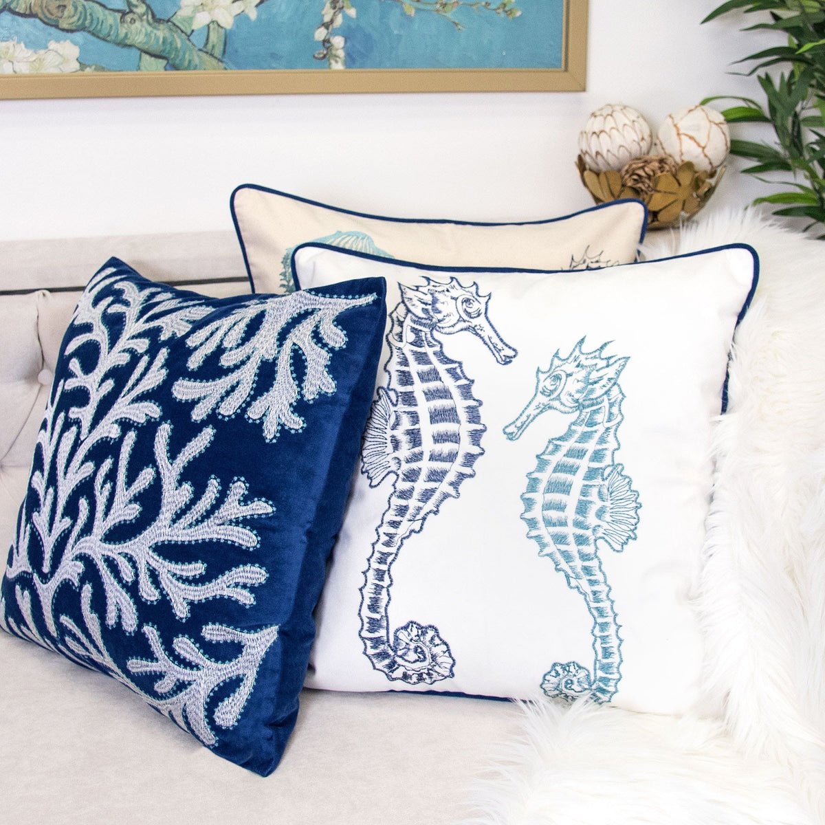 Seahorses Pillow Cover with Matching Back – 20x20 Inch Accent Pillow