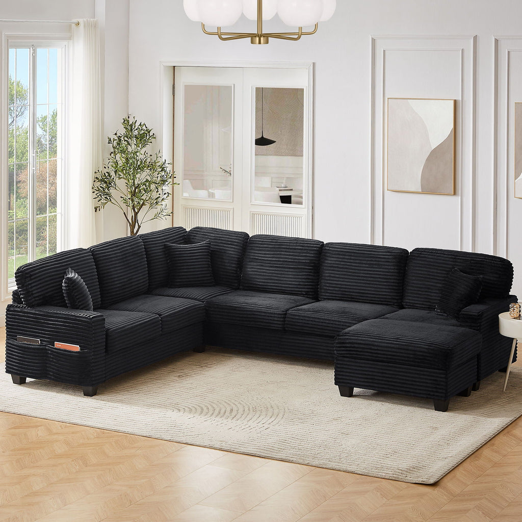 U-Shaped Upholstered Sectional Sofa with Movable Ottoman
