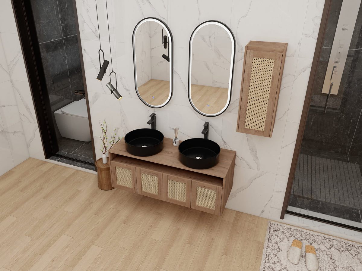 48" Bathroom Vanity with Ceramic Art Sink and Side Cabinet - Imitative Oak