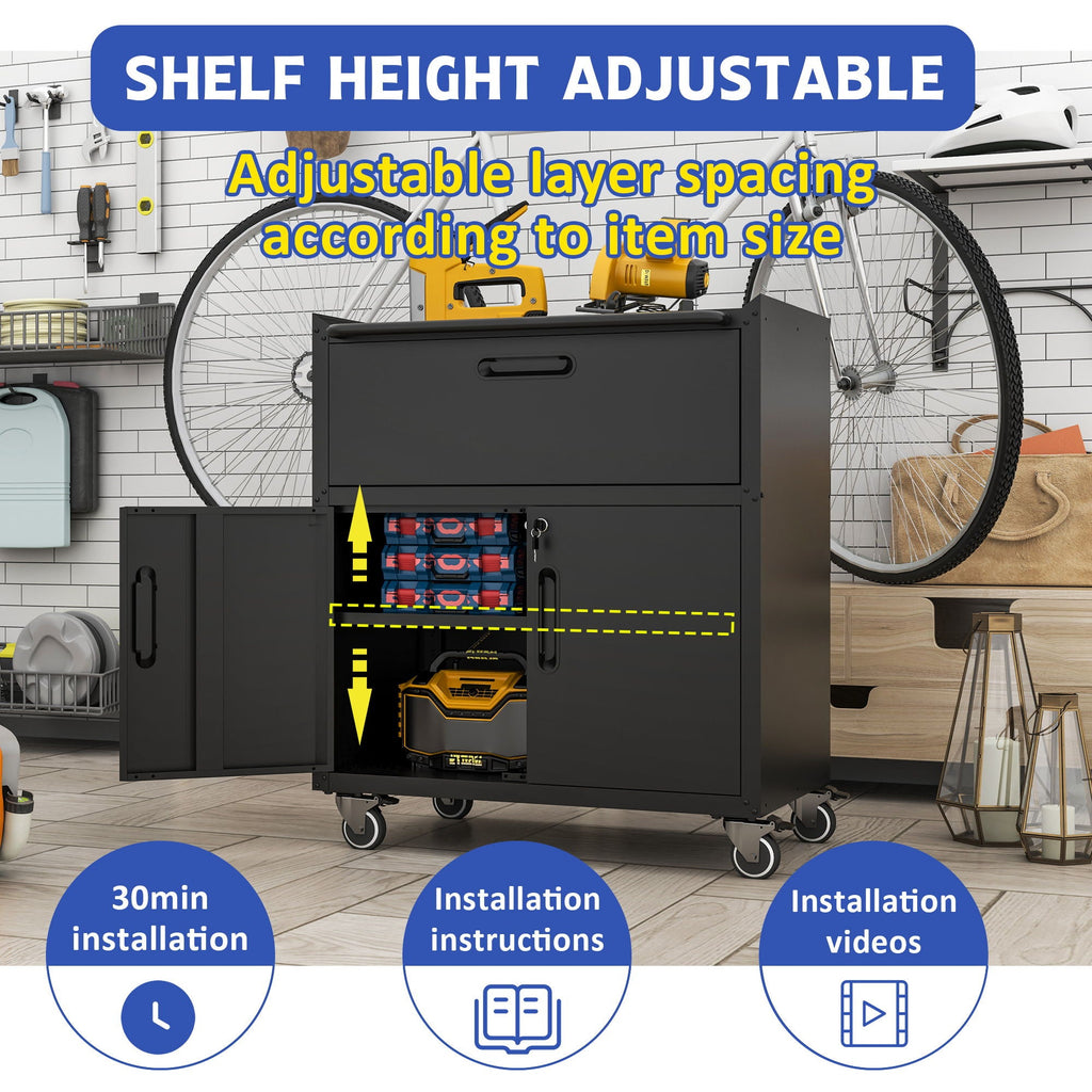 Sturdy Metal Tool Cabinet with Drawer & Locking Doors - Mobile Garage Storage