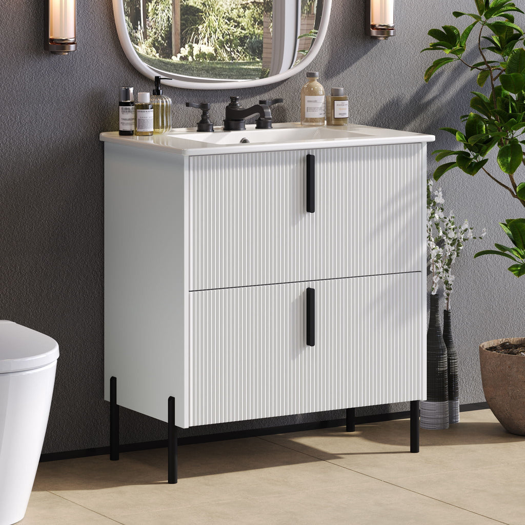 Bathroom Vanity With Ceramic Sink and Fluted Design - Dark Green, White, Light Brown