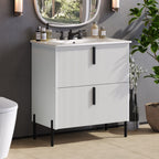 Bathroom Vanity With Ceramic Sink and Fluted Design - Dark Green, White, Light Brown