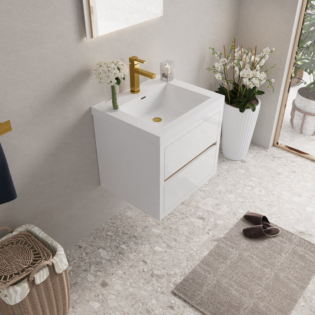 24" Wall-Mounted Bathroom Vanity with Stone Resin Sink and Storage Cabinet