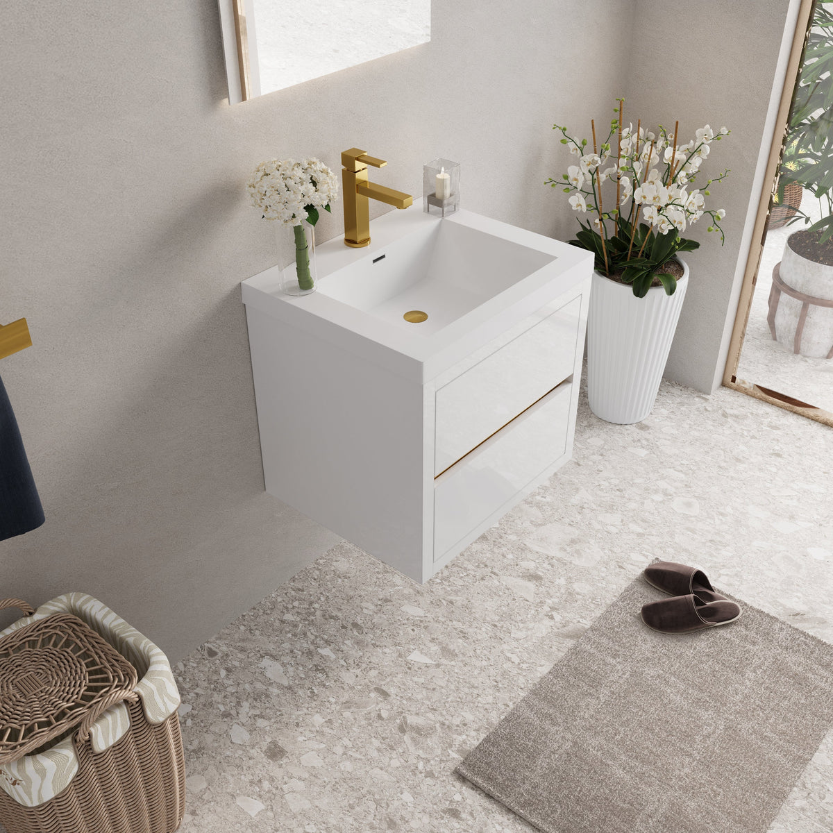 24" Wall-Mounted Bathroom Vanity with Stone Resin Sink and Storage Cabinet