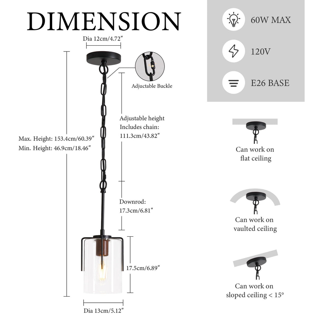Adjustable Pendant Lighting with Clear Glass Shade - Black or Gold