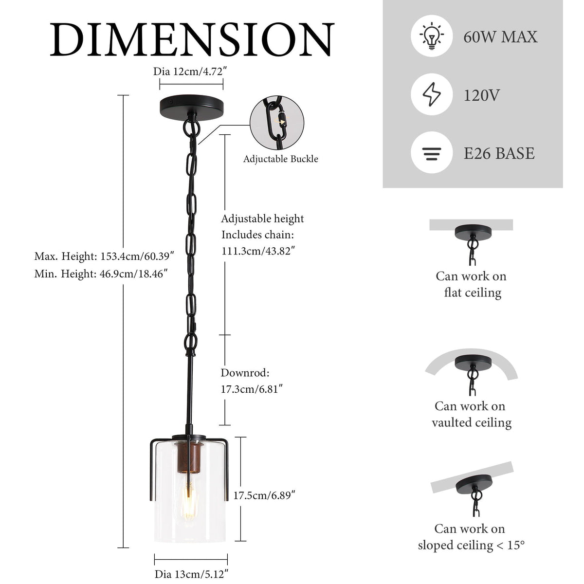 Adjustable Pendant Lighting with Clear Glass Shade - Black or Gold