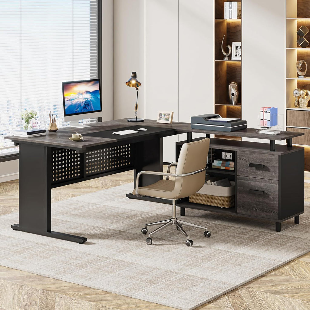 L-Shaped Executive Desk with File Cabinet and Storage Drawers - Light Brown or Dark Gray