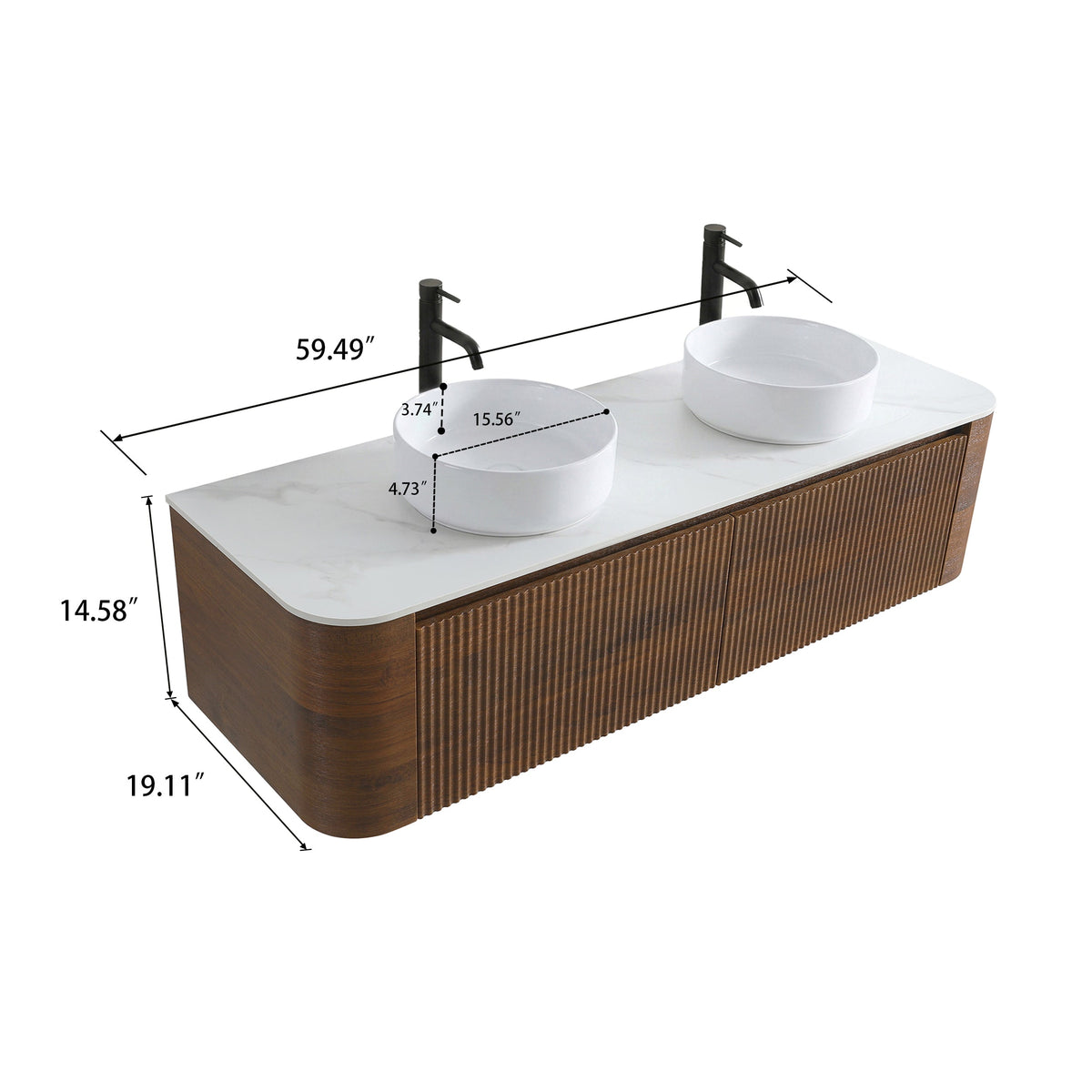 Erba 60 Inch Bathroom Vanity with Sink - Fluted Design - Walnut, White