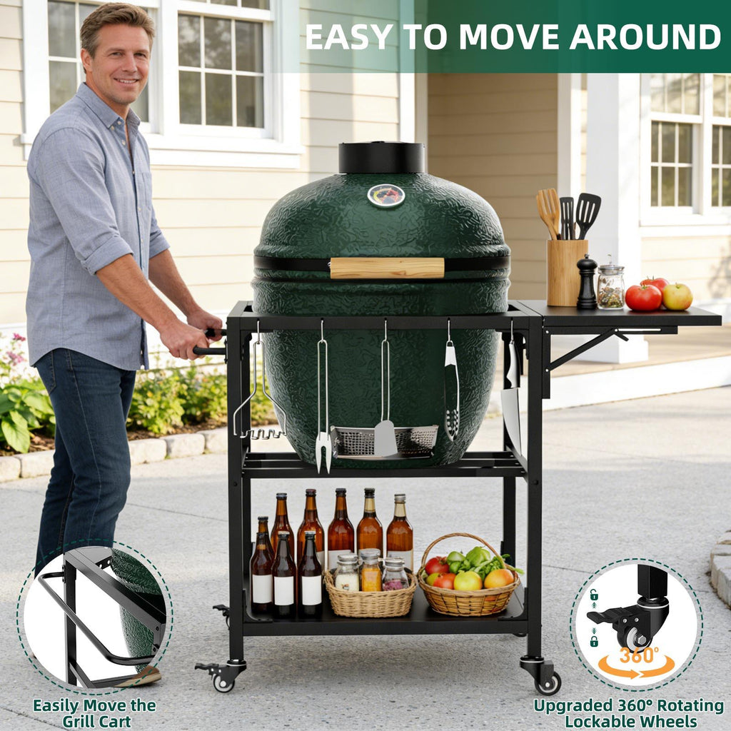 Outdoor Grill Table with Wheels and Storage Shelf - Black