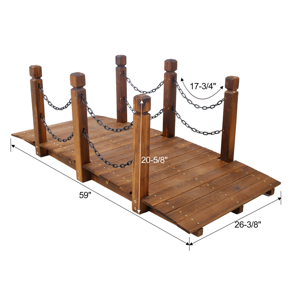 5 Ft Wooden Garden Bridge with Chain Railings - Natural Wood Finish