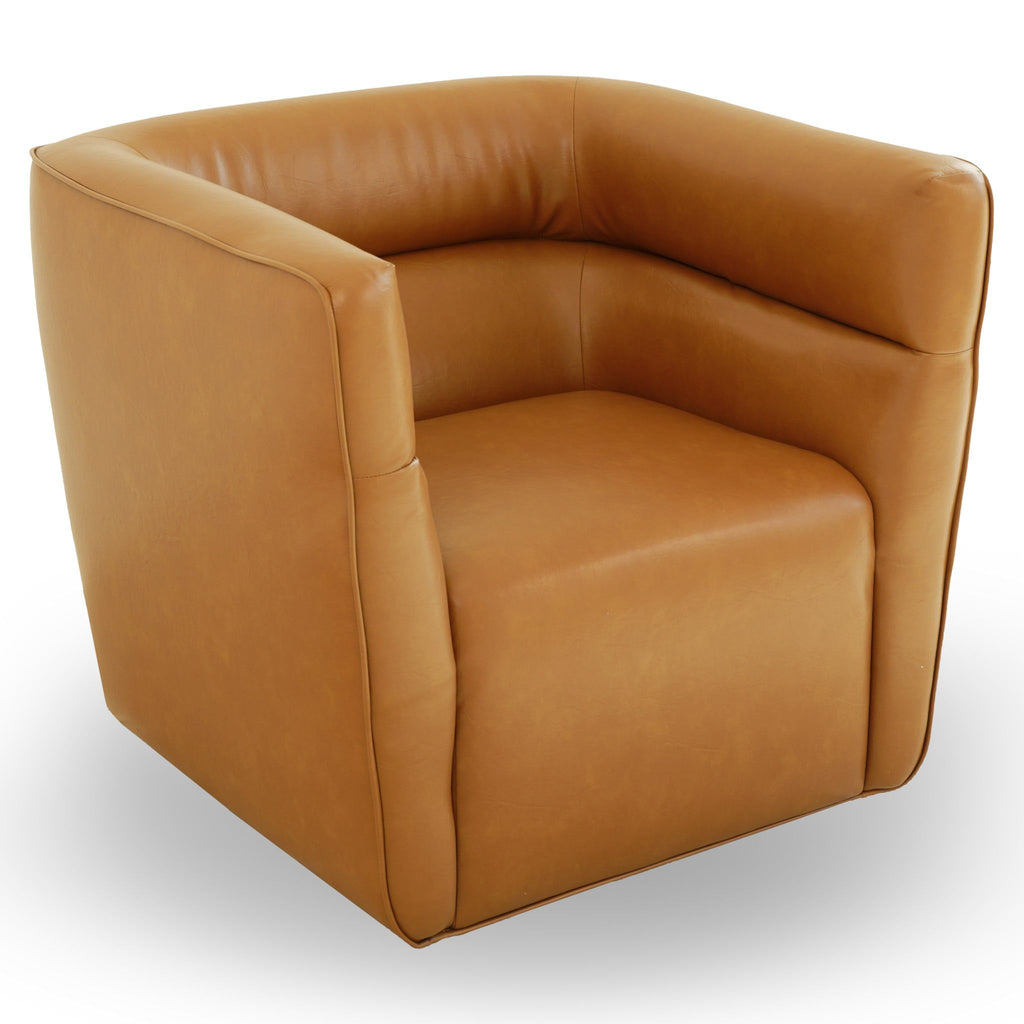 Tan Genuine Leather Swivel Chair with Adjustable Headrest