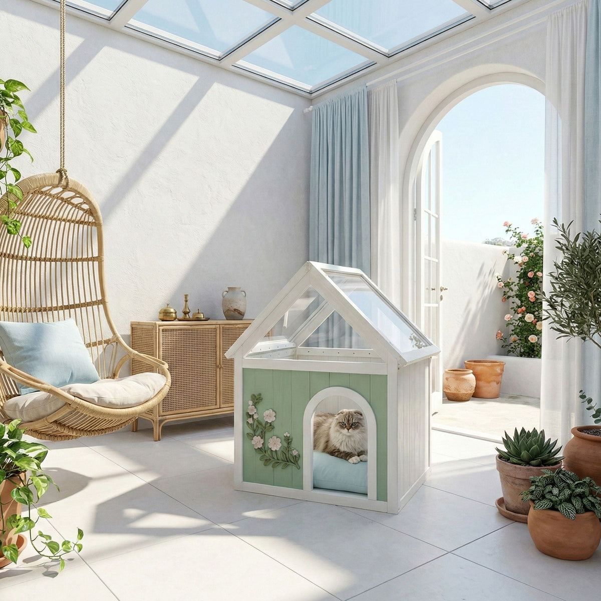 Indoor Cat House with Clear Roof - Mint / White
