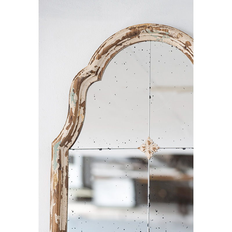 Large & Framed Arched Wall Mirror with Decorative Window Design - Cream