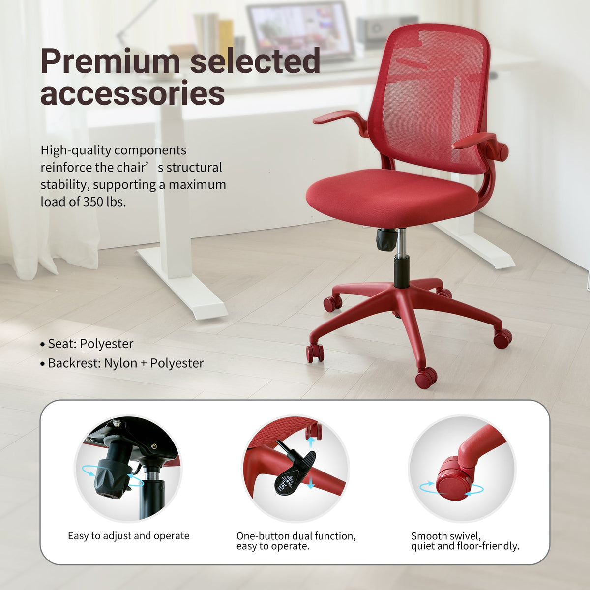 Ergonomic Office Chair with Mesh Back and Flipping Armrests - Red