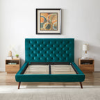 Light Blue Queen Platform Bed with Button Tufted Headboard