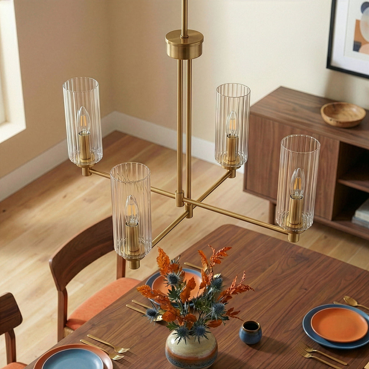 Enigma 4 Lights Chandelier With Clear Ribbed Satin - Antique Brass