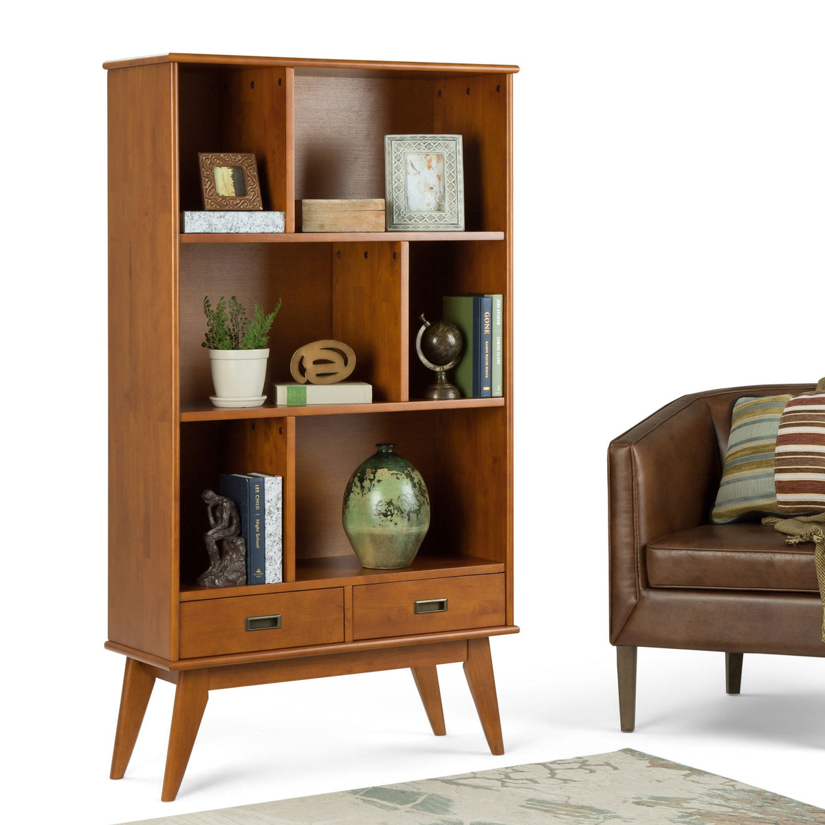 Mid Century Wide Bookcase with Storage Drawers - Multiple Colors