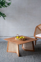 Teak Coffee Table with Teak and Rattan Construction - Natural Wood / Brown