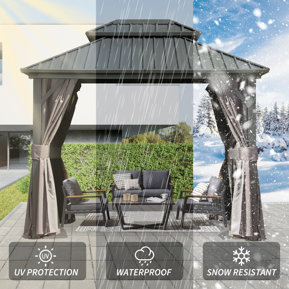 8' x 10' Hardtop Gazebo with Curtains & Netting - Metal, Double Roof