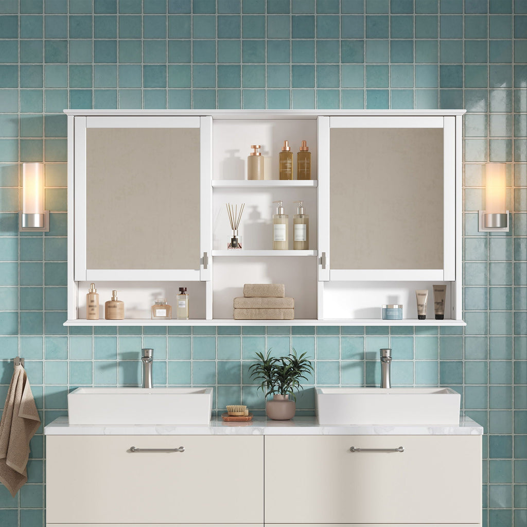 Wall Mount Mirror Cabinet with Adjustable Shelves - White