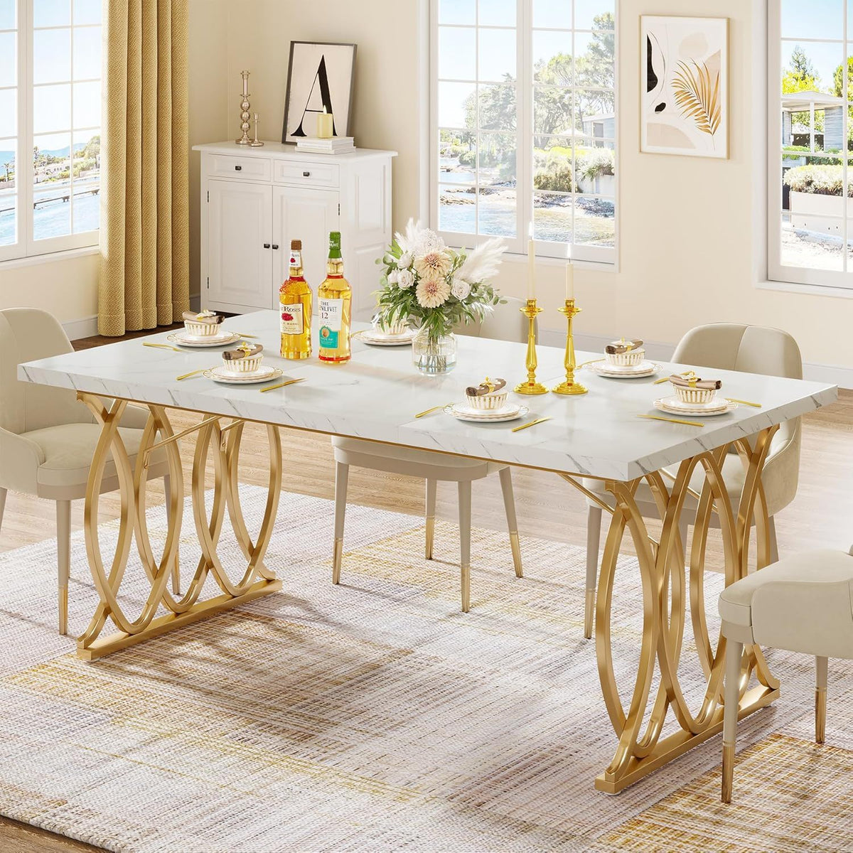 Large Rectangular Dining Table with Geometric Legs - White and Gold