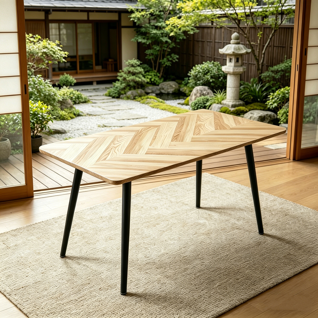 Modern Minimalist MDF Dining Table with Sleek Metal Frame - Wood Color