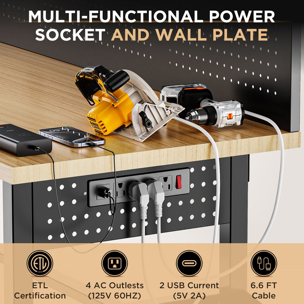 Workbench with Storage Cabinet and Pegboard with Power Outlet - Black
