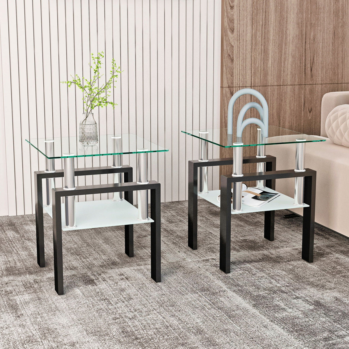 Modern Tempered Glass End Table with Metal Frame - Black or White