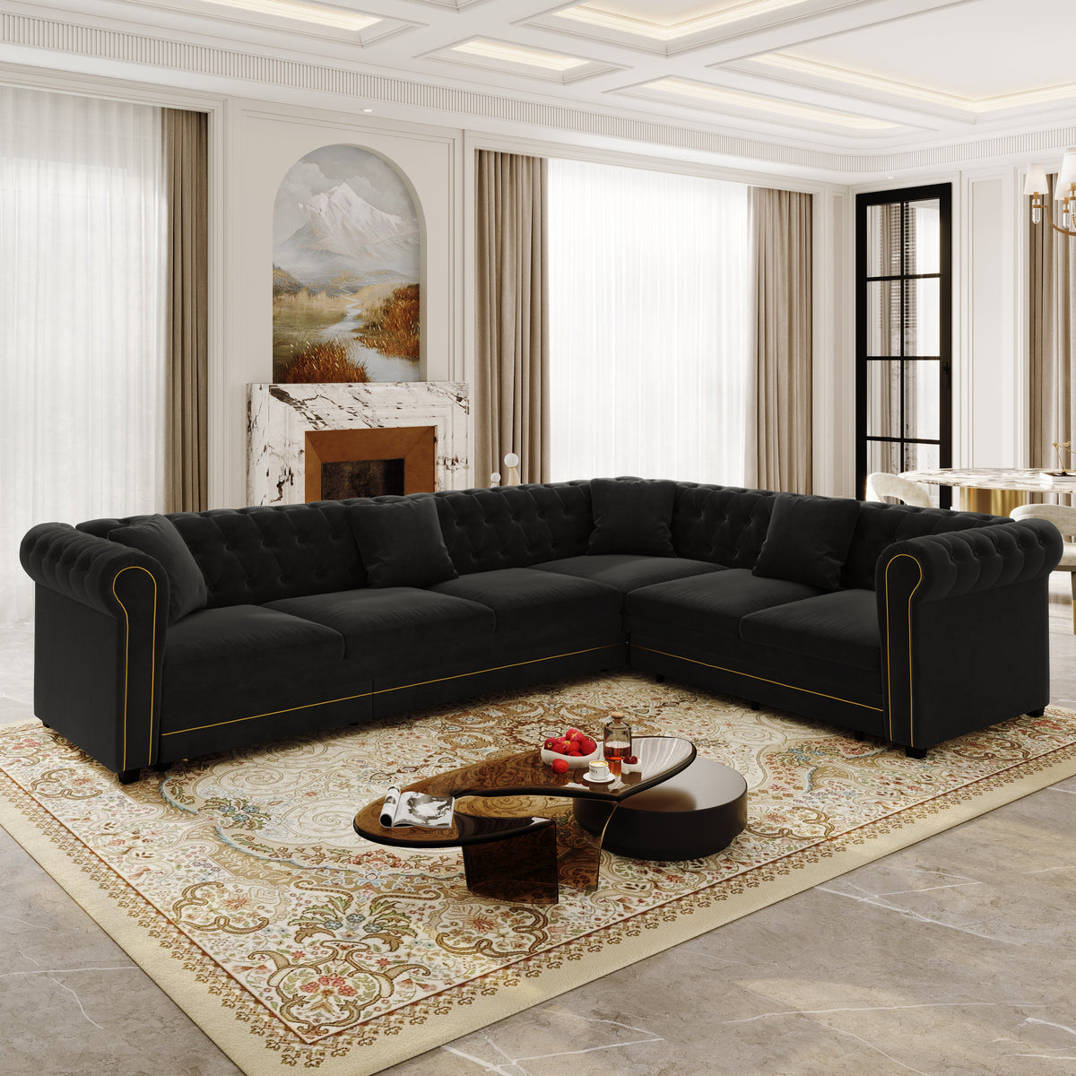 L-Shaped Sofa Couch with Pull-Out Bed - Black Velvet