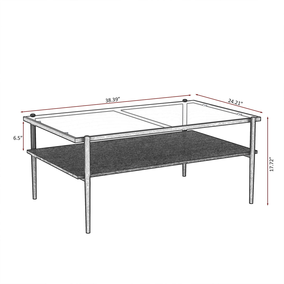 Rectangular Coffee Table with Tempered Glass Top and Metal Legs - Black, Dark Brown, or White