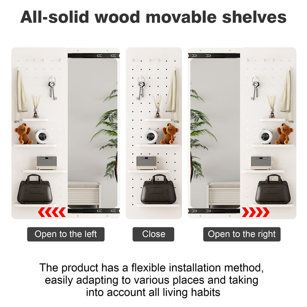 Full Length Wall Mounted Mirror with Shelf and Hook - Dark Brown, White, or Light Brown