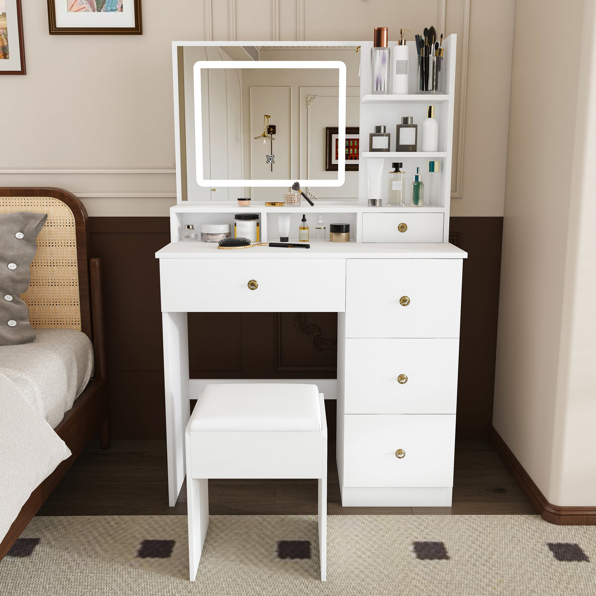 Fashion Vanity Desk with Mirror & Dimmable LED Lights - White MDF