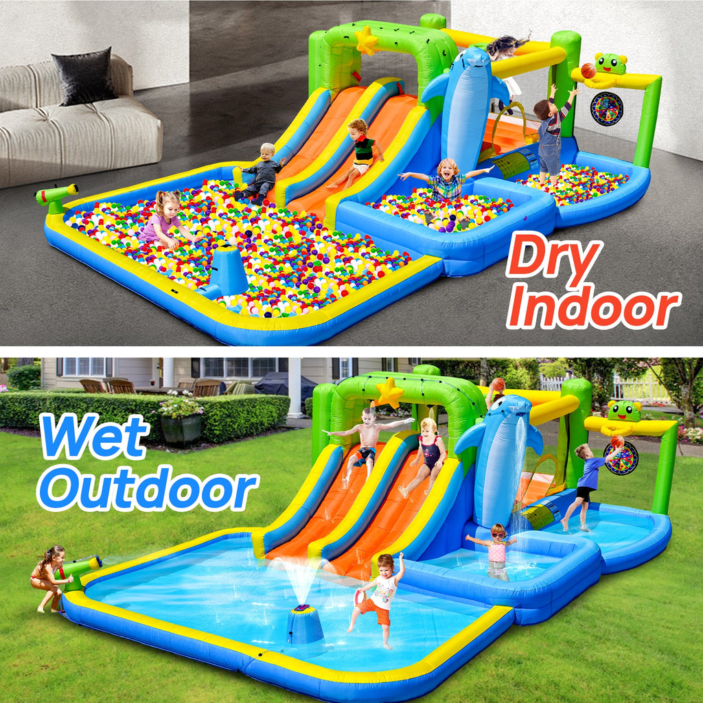 9-in-1 Inflatable Bounce House with Water Features - Multicolor