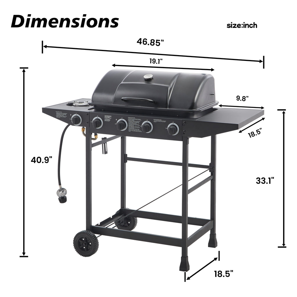 4 Burner Propane Gas BBQ Grill with Side Burner - Black