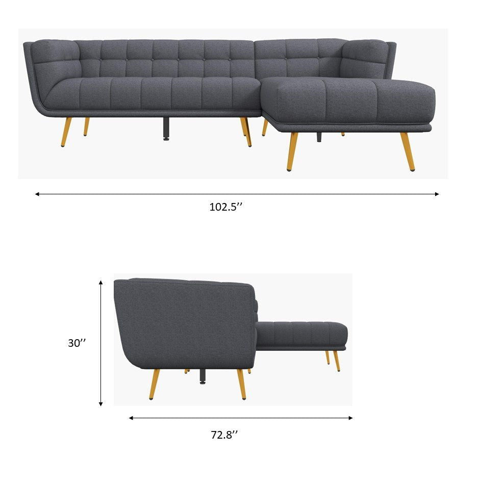 L Shape Sectional Sofa Tufted with Mid-Century Modern Design - Dark Gray or Beige