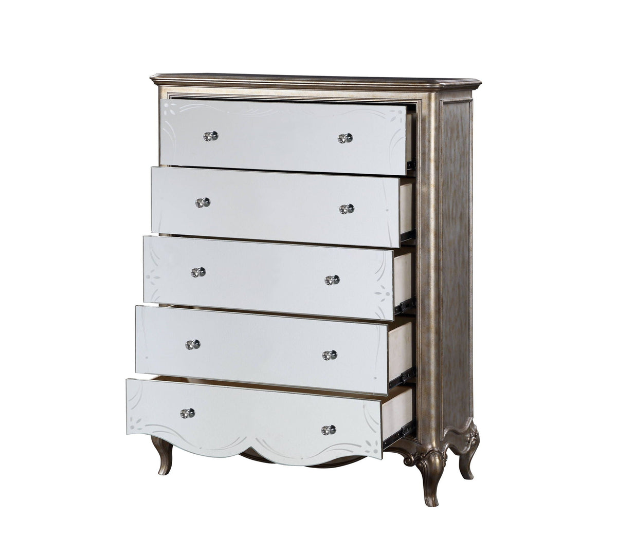 Champagne Accent Chest with Mirrored Drawers - Pearl Silver