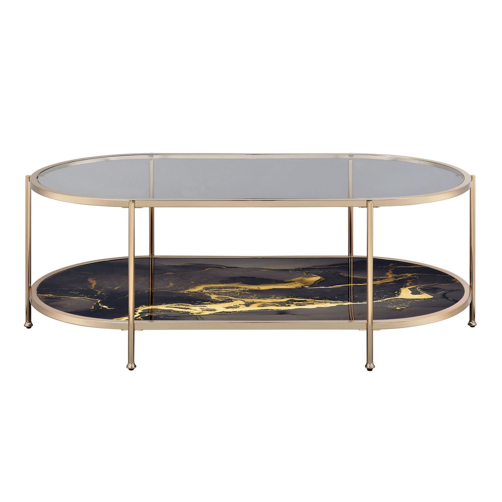 Fiorella Marble Print Glass Table with Durable Metal Frame - Black