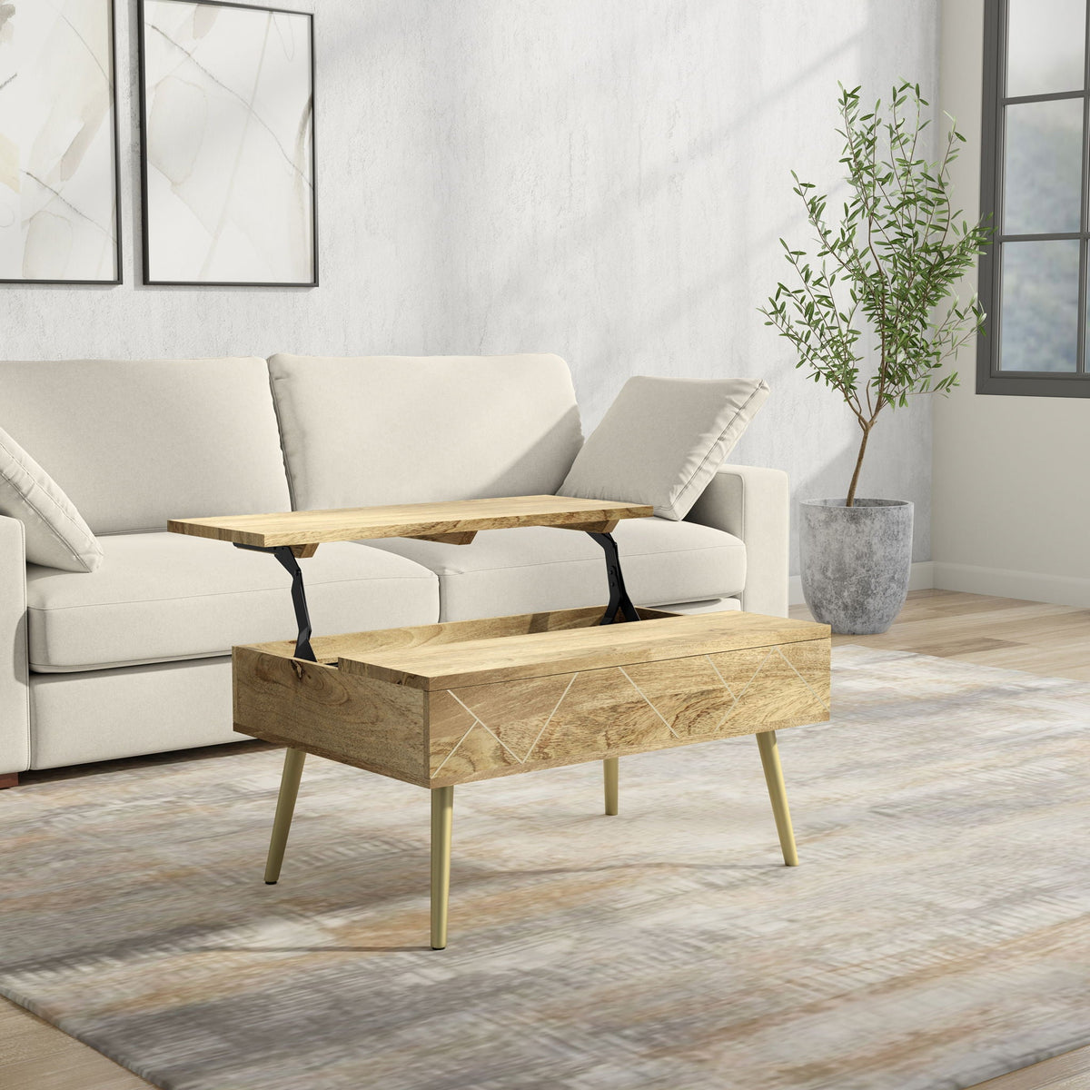 Handcrafted Lift Top Coffee Table with Storage - Light Brown
