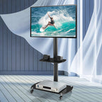 Adjustable Tempered Glass Metal TV Stand with Lockable Wheels - Black