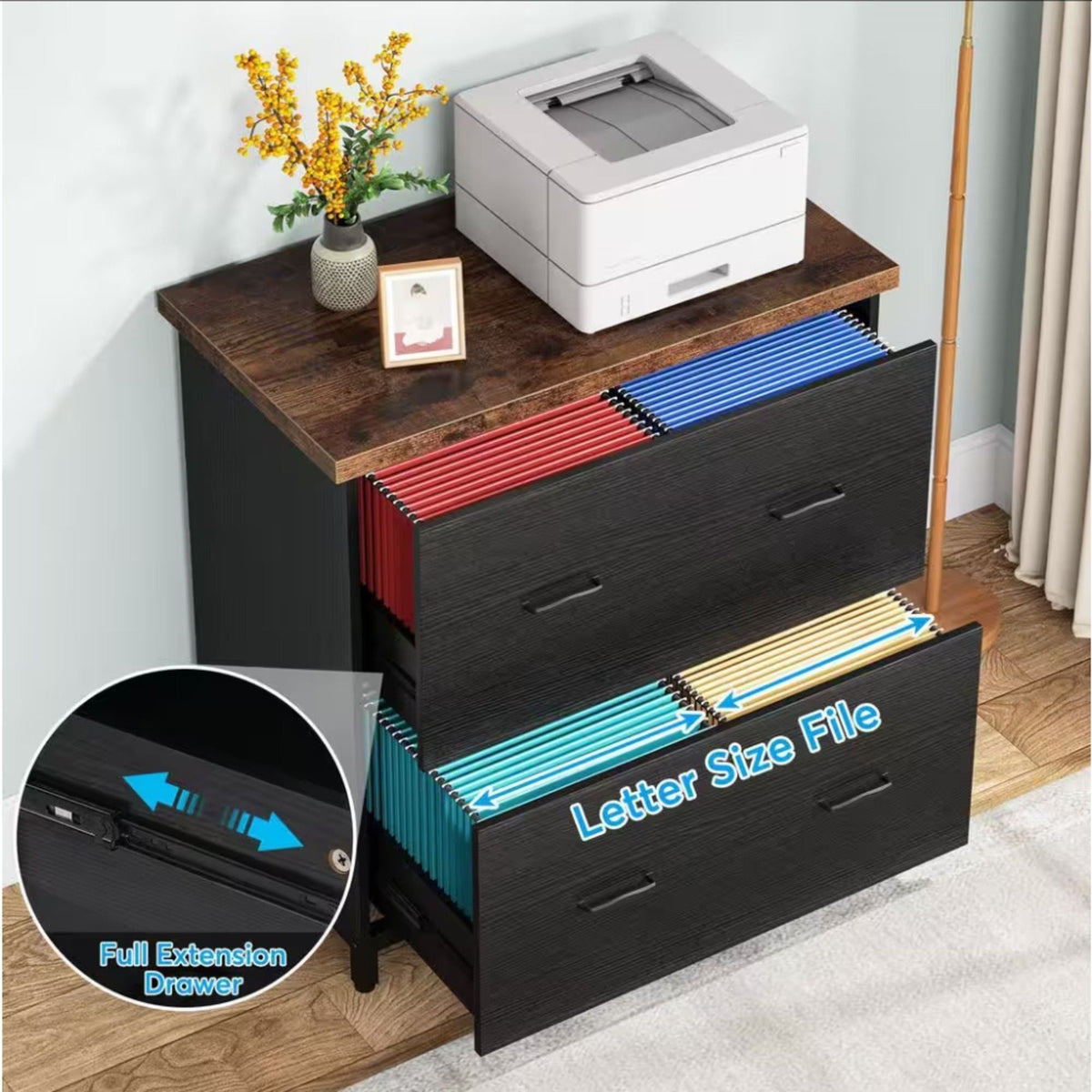 2 Drawer Lateral File Cabinet with Heavy Duty Steel Frame - Brown/Black