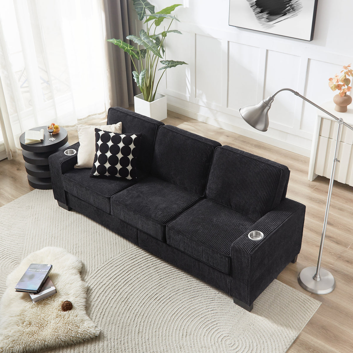 Modern Corduroy 3-Seater Sofa with Cup Holders - Black, Gray, Beige, Pink, or Green