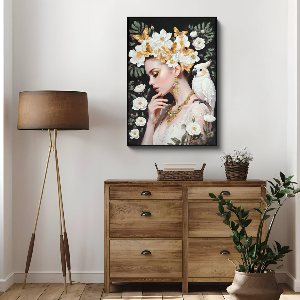 Beauty Lady Wall Art with Gold and White Floral Canvas - Ivory & Gold
